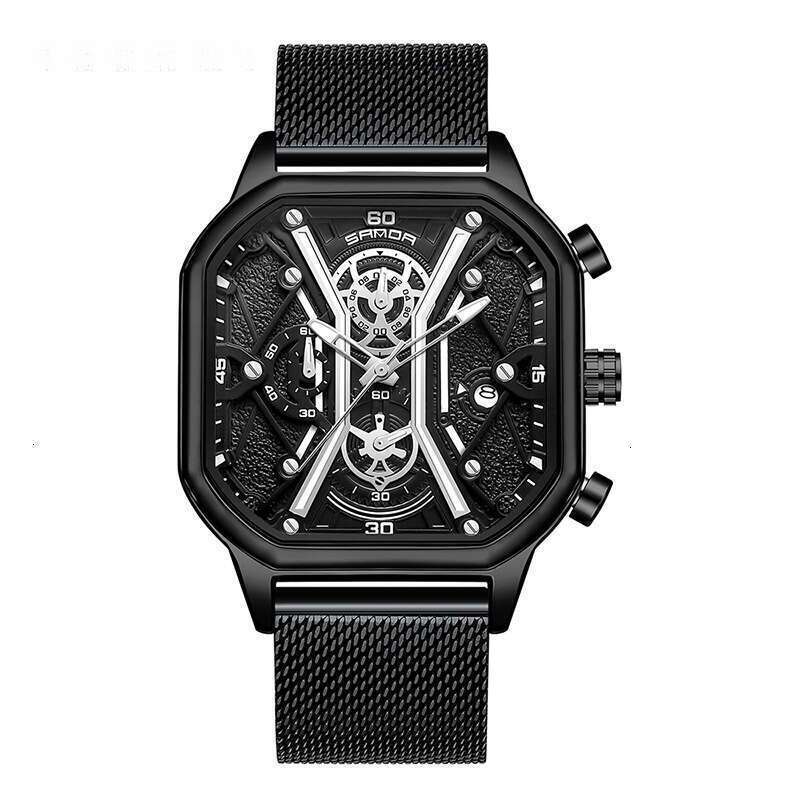 DHwatches Sanda Waterproof Calendar Luminous Three Eyes Six Hands Solid Steel Band Fashion Square Quartz Watch for Men