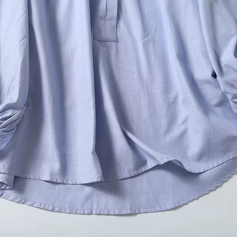 Maxdutti Nordic Minimalist Lake Blue Loose Fitting Tops Womens Casual Long Sleeve Folded Shirt Womens 250402