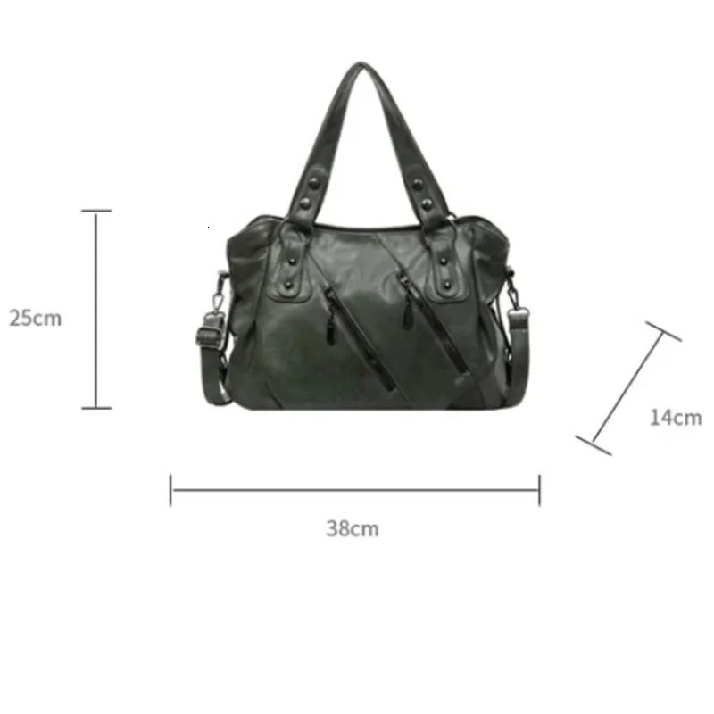 Vintage PU Leather Large Capacity Tote Rivet Zip Pockets Shoulder Cross body Bag Unisex Women Daily Travel Handbag 251031