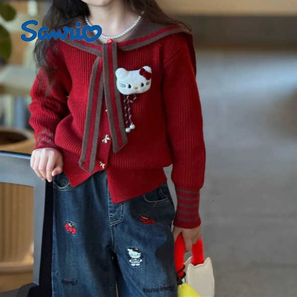 Sanrio Childrens Sweater 2025 Girls Winter New 3598KT Cat Big Kids Korean Style Simple Navy Wind Sweater Cardigan H251105
