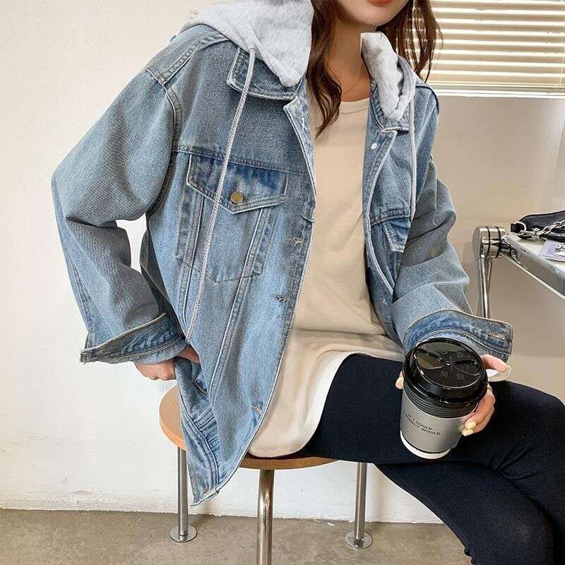 New Spring And Autumn Vintage Hooded Denim Jacket Korean Version Loose Versatile Salt Style Long Sleeve Top For Women Trendy B5