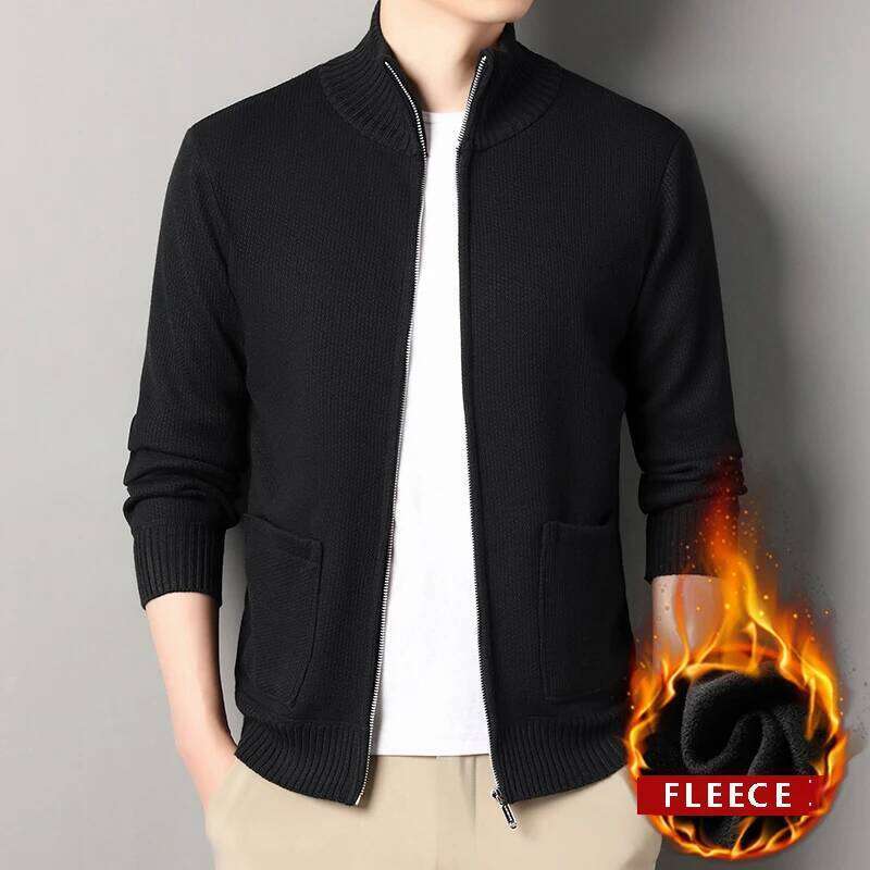 Winter Men's imitation Fleece Cardigan Knit Sweater Coat Casual Knitted Jacket High Quality Male Clothing Beige