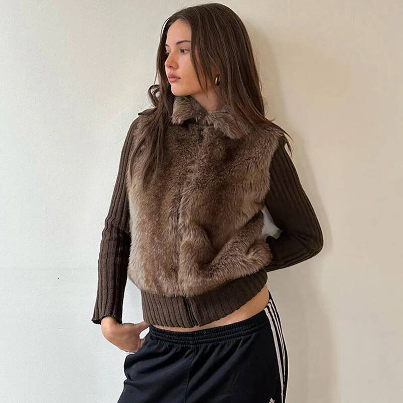 winter jacket women Ticketsx Fashion Plush knit Patchwork New Autumn Winter Lapel Zipper Slim Coat Women Vintage Streetwear Warm Jacket