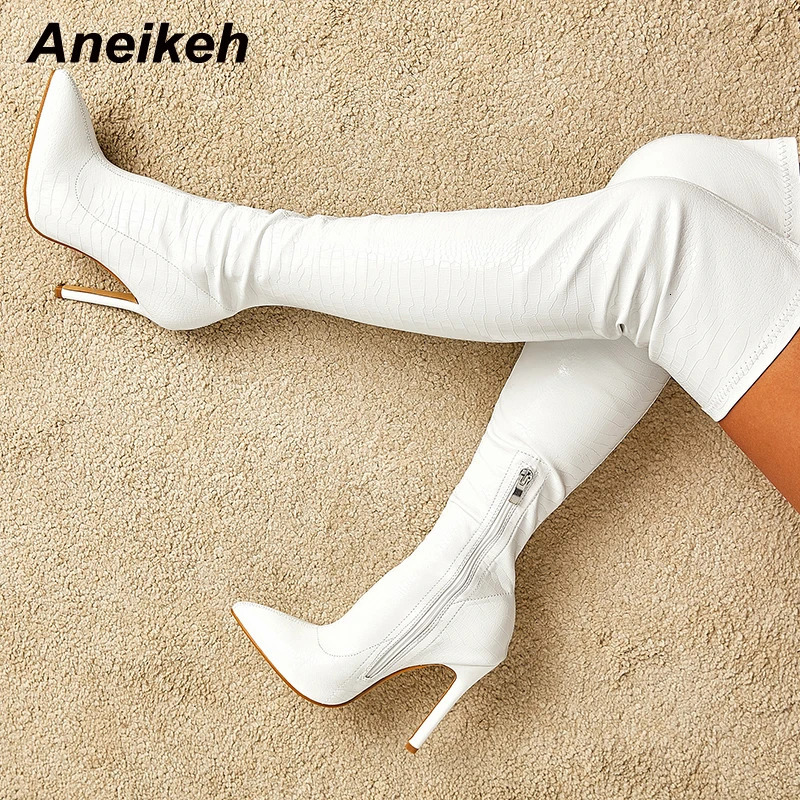 Aneikeh White Sexy OvertheKnee Side Zipper SlipOn Pointed Toe Shoes Fashion Striped Thin Heels Ladies Boots 2025 Spring 251103
