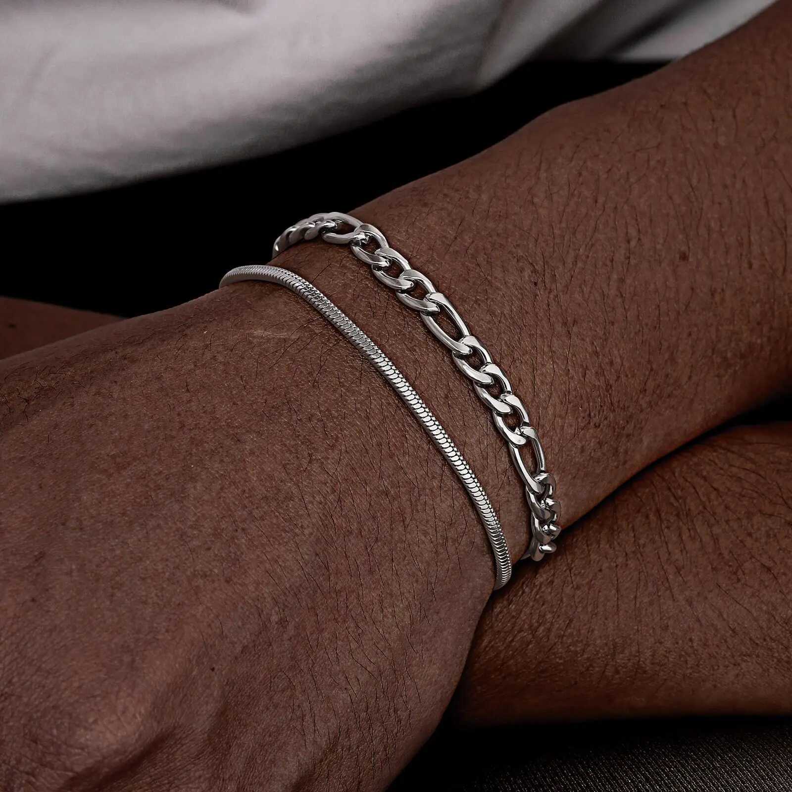 2pcs Stainless Steel Bracelets for MenSilver Color Figaro Chain Links WristbandCasual Jewelry GiftXJ251105