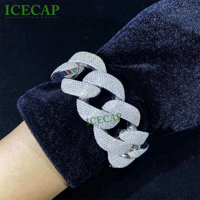 Hot 925 Silver Bracelet VVS Moissanite Cuban Chain Bangle 3 Rows Diamond Miami Cuban Link Chain for Men