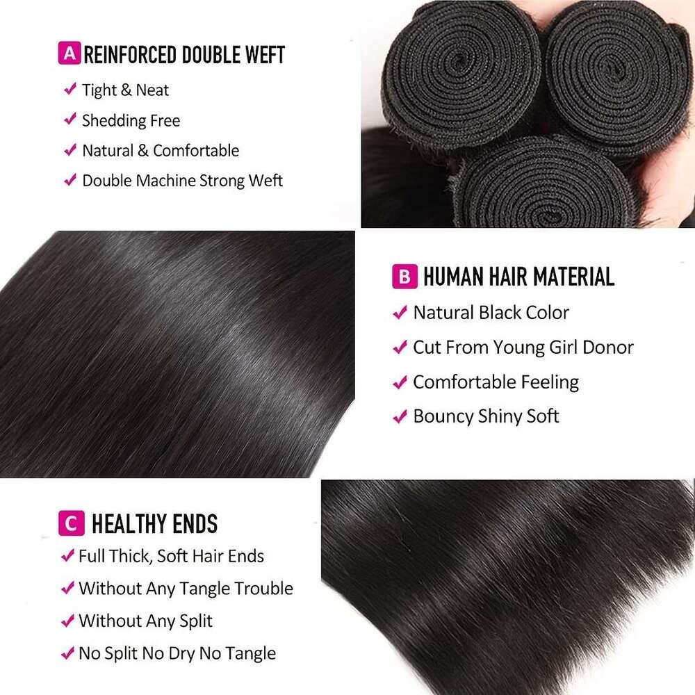 Straight 10A Grade Unprocessed Brazilian Human Hair Bundles 10-22 Inch 1 And 3 Bundle Natural Black