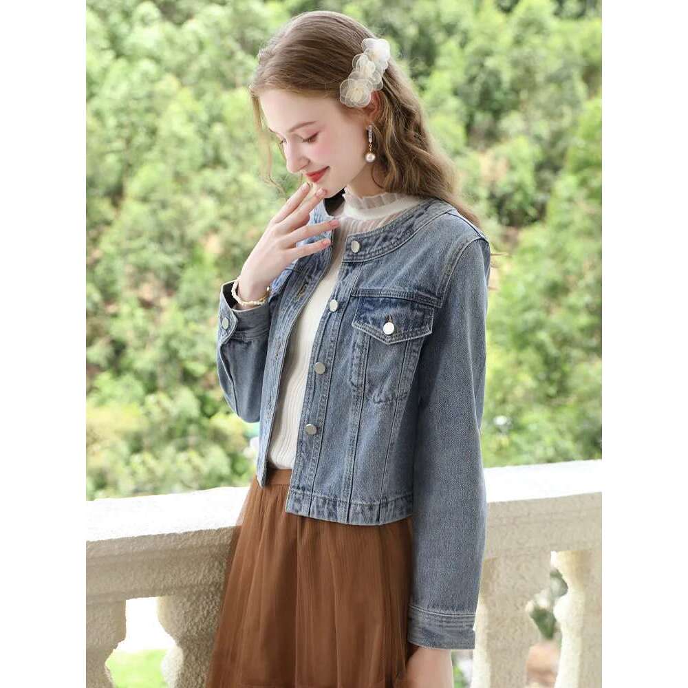 Short Denim Coat For Women Crew Neck Autumn New Casual Basic Straight Comfort Retro Female Jackets