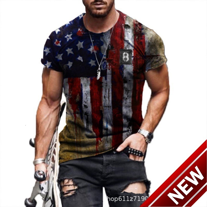 2025 New Mens Wear China-Chic Star Flag Printed Round Neck Pullover Short Sleeve T-shirt Top