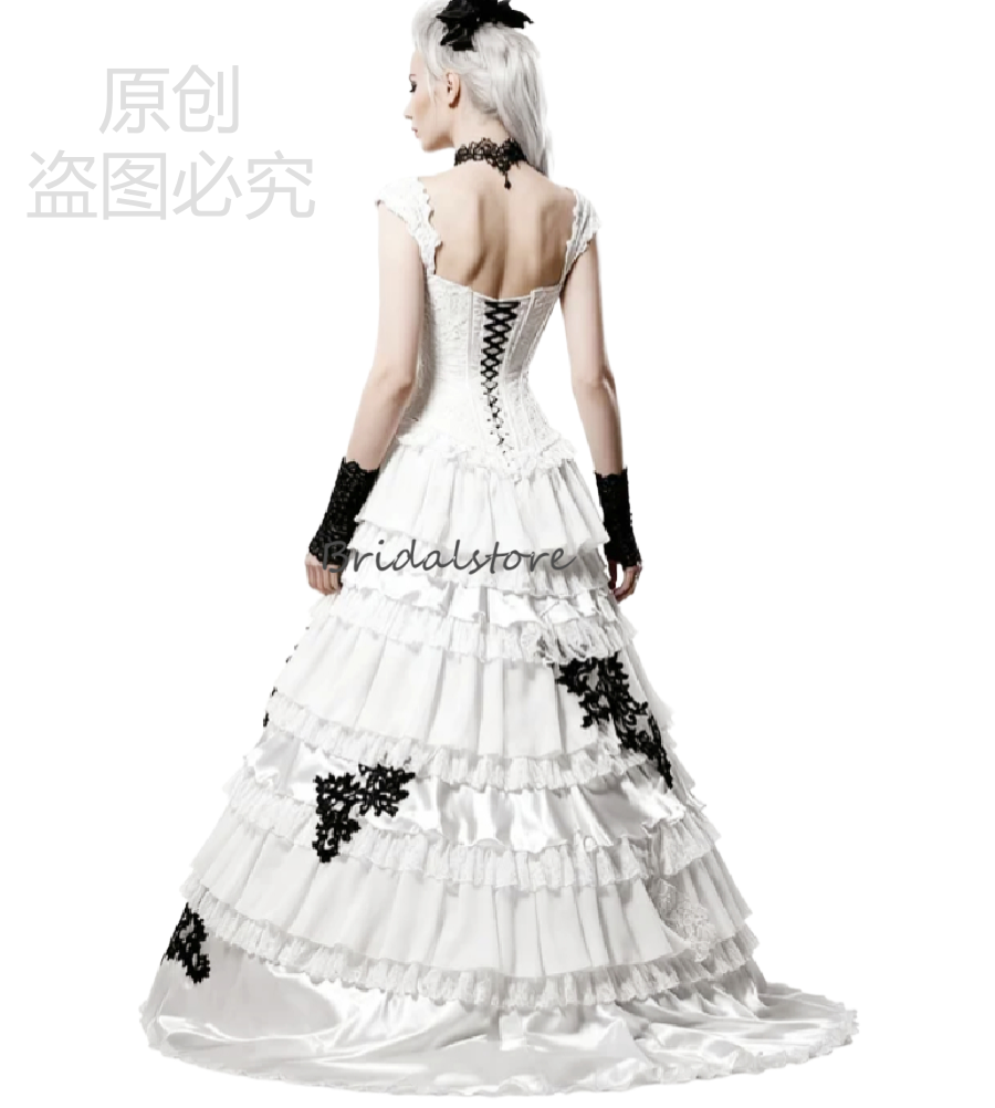 Romantic Sorceress White Gothic Wedding Dress With Black Lace Steampunk Victorian Renaissance Bride Dress 2026 Woodland Bridal Dress Medieval Vestio D
