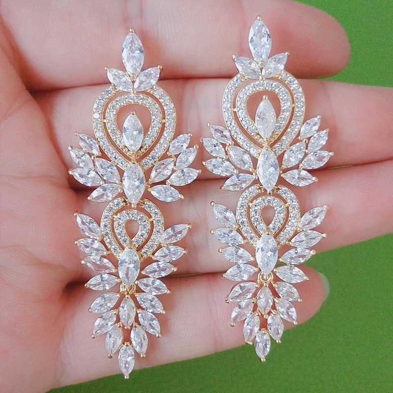 Leaf Marquis Zircon Long Pendant Earrings Shining Cubic Zirconia Bridal Womens Wedding Party Jewelry Accessories 250326