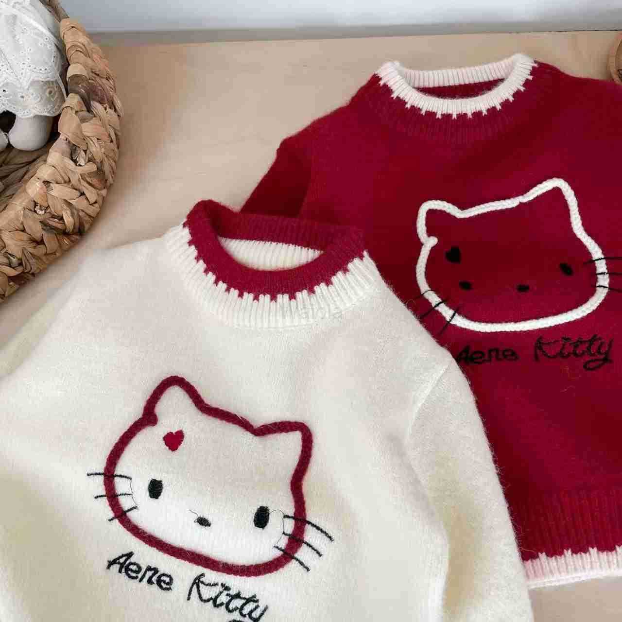 Sanrio Girls Autumn Winter Knitted Sweater 2025 New Style for Young Girls Childrens Round Neck KT Cat Knitted Pullover H251105