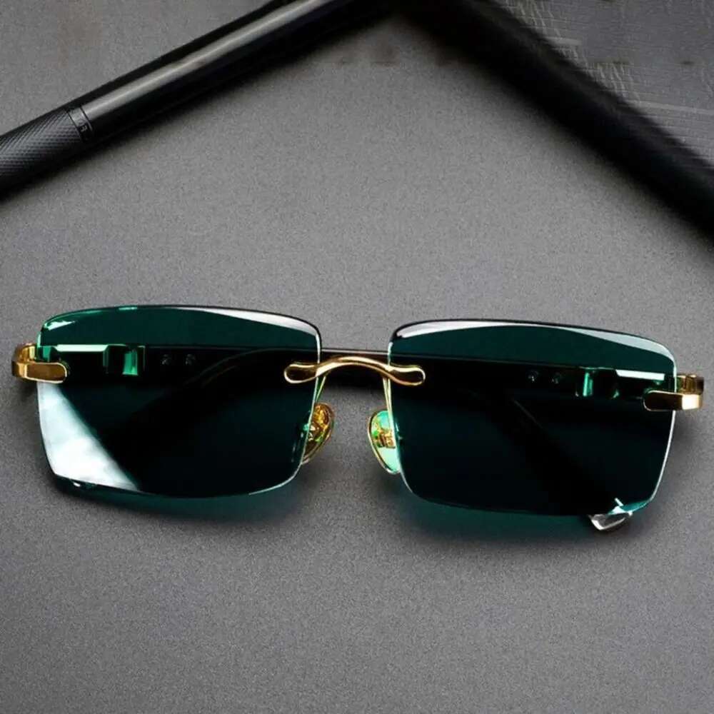 Retro Frameless Men's Green Crystal Stone Cycg Goggles Leopard Print Outdoor Sunglasses Driving Glasses Eyewear