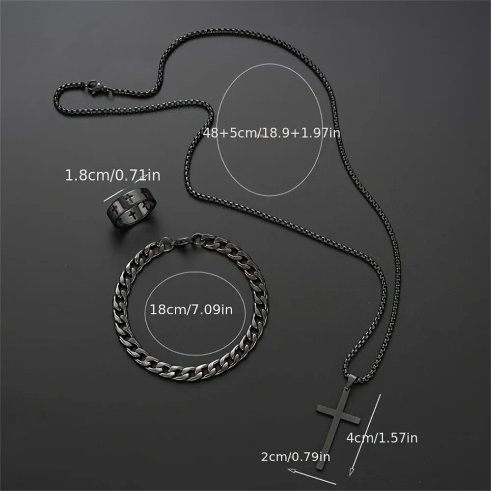 3pcs Set Mens Stainless Steel Metal Cross Pendant Chain Necklace Bracelet Ring Jewelry Male Hip Hop Daily Wear Accessories 251104
