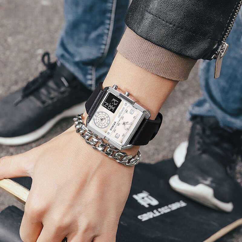 DHwatches Sanda Fashion Casual Men's Multifunctional Waterproof Genuine Leather Strap Electronic Watch Square Personality Large Dial