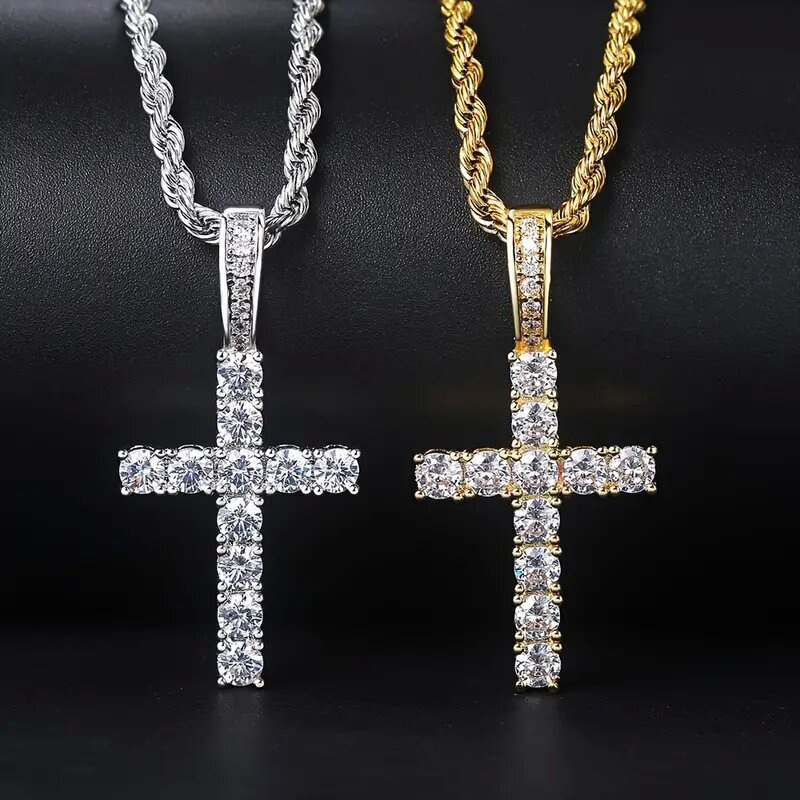 Iced Out White Gold Plated Cubic Zirconia Cross Pendant Necklace With Rope Chain Trendy Hip Hop Cross Faith Pendant Jesus Crystal Necklace For Men Wom