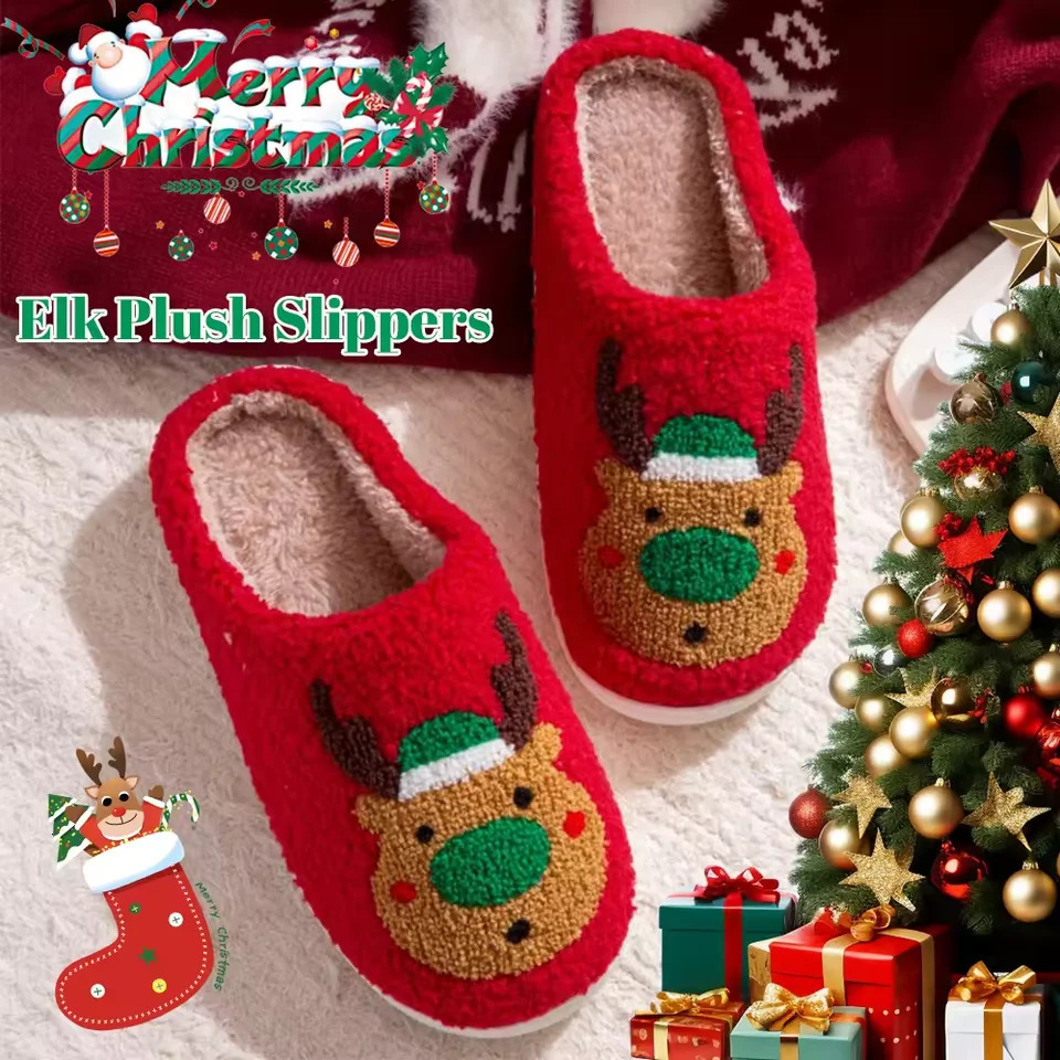 2025 Womens Christmas Reindeer Plush Slippers Winter Warm Comfortable Nonslip Shoes Plush Cute Cartoon Elk Household Shoes 251031