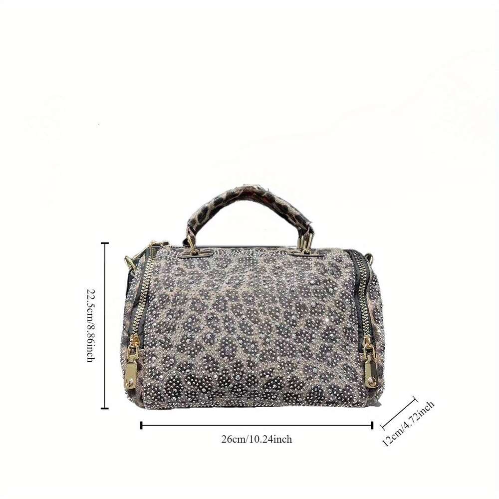 Elegant Embellished Tote Bag For Women Faux Leather Handbag Detachable Shoulder Strap, Zipper Closure, And Polyester Lining Stylish Leopard Print With