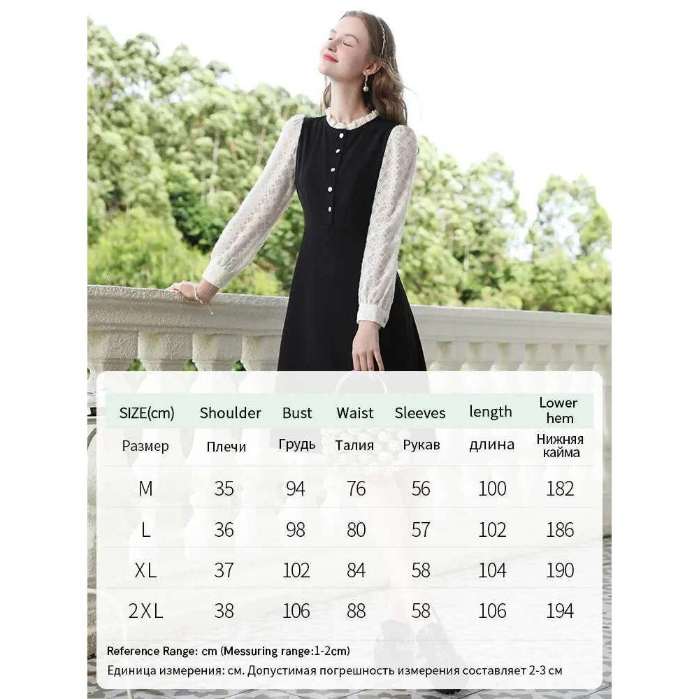 Women Autumn New A-E Black French Lace Patchwork Long-Sleeve Gentle Midi Female Dresses