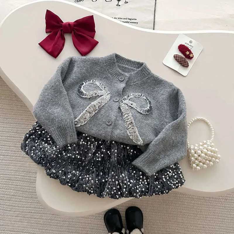 MILANCEL New Winter Kids Sweater Set Cute Bow Girls Knitted Cardigan Sequin Short Skirt Loose Korean Children Outfit 2PCS Y251105