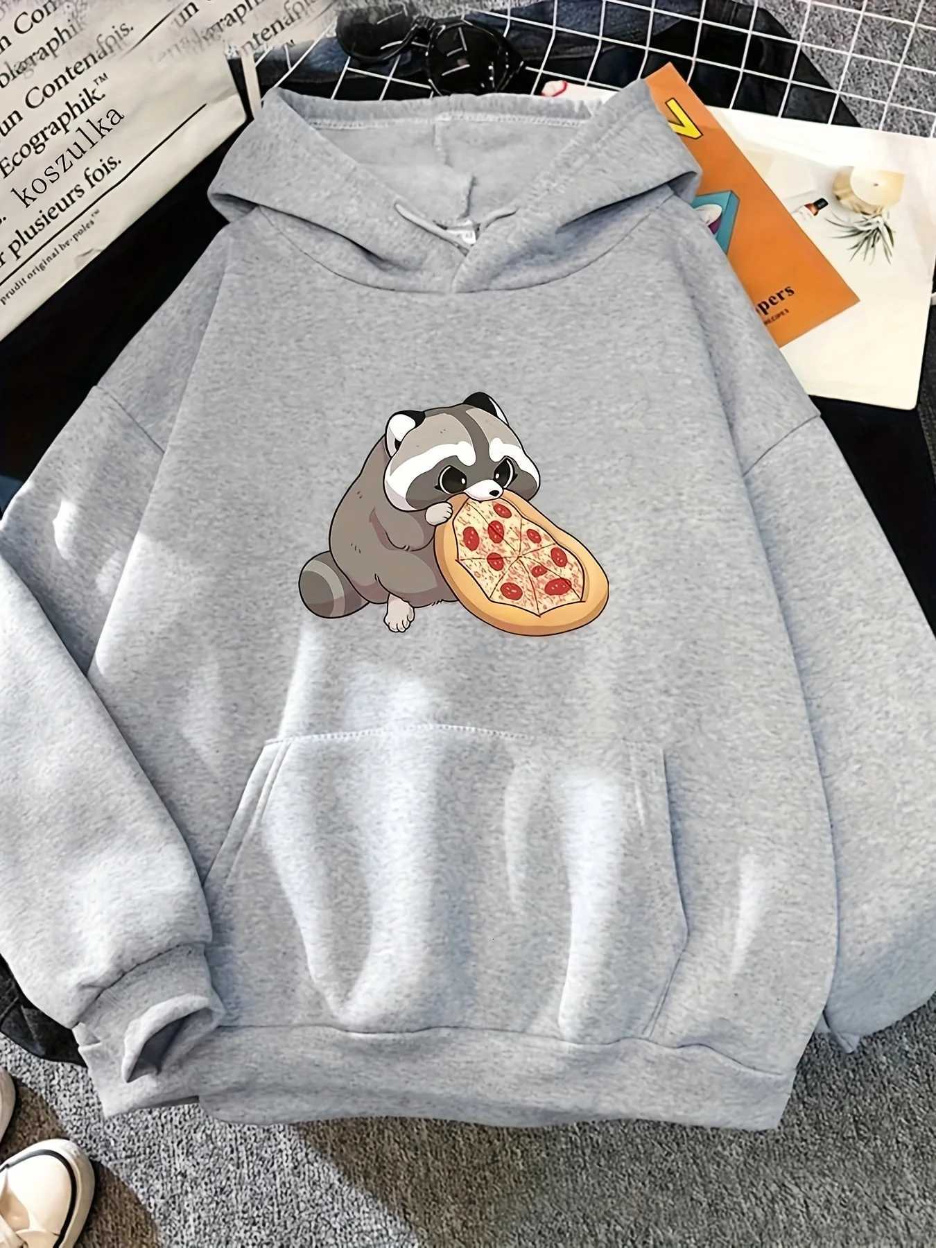 Women Hoodies 2025 Winter AutumnCartoon Raccoons Eating Pizza Y2k Sweatshirt Top Hoodie Long Sleeve Womens Casual ClothingT251105