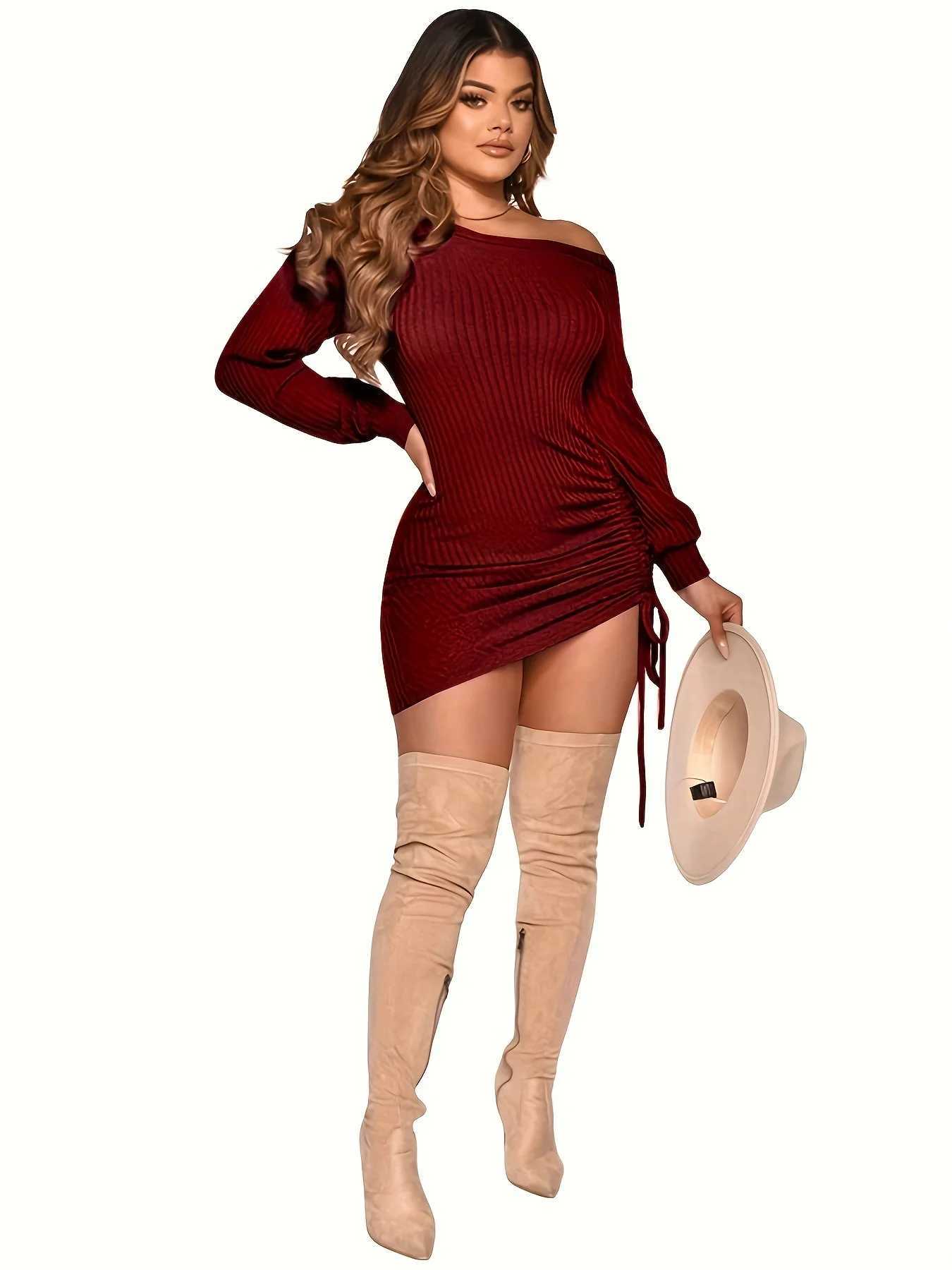 Womens Solid Color Wool Pier Dress Drawstring Drop Shoulder Long Sleeve Midi Dress J251105