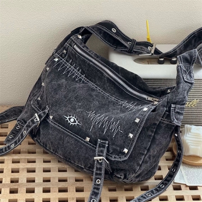 Denim Messenger Bags For Women Handbag Purse 2025 In Washing Process Embroidered Pattern With Rivet Shoulder y251104