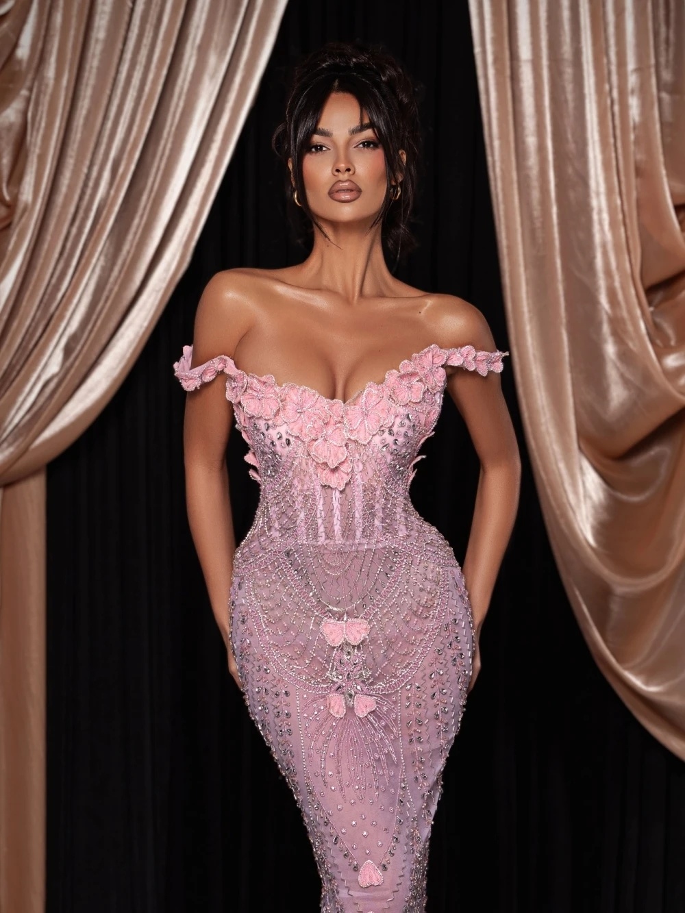 Fashion Flowers Evening Dresses Crystal Sequins Prom Gowns Off Shoulder Beading Princess See Through Customized Vestidos De Noche Plus Size