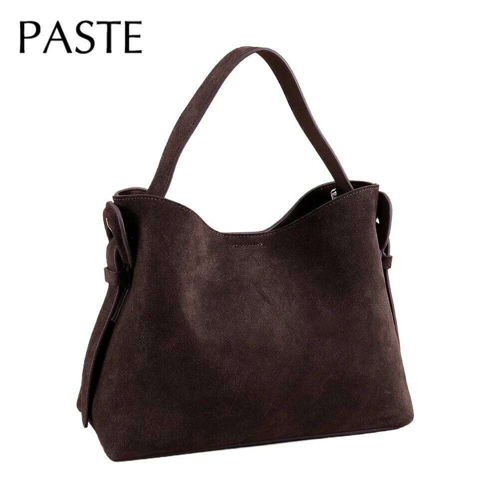 Ins Chic Elegant Design Coffee Solid Color Winter Tote Nubuck Leather Women Single Shoulder Bag Mattte Cowskin Female Handbag