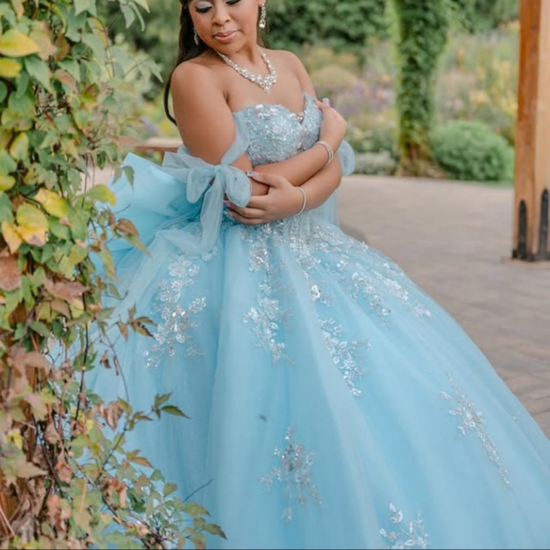 Blue Shiny Quinceanera Dresses Off The Shoulder Applique Lace Beads Bow Tull Party Birthday Sweet 16 Dress Vestidos 15 De Anos