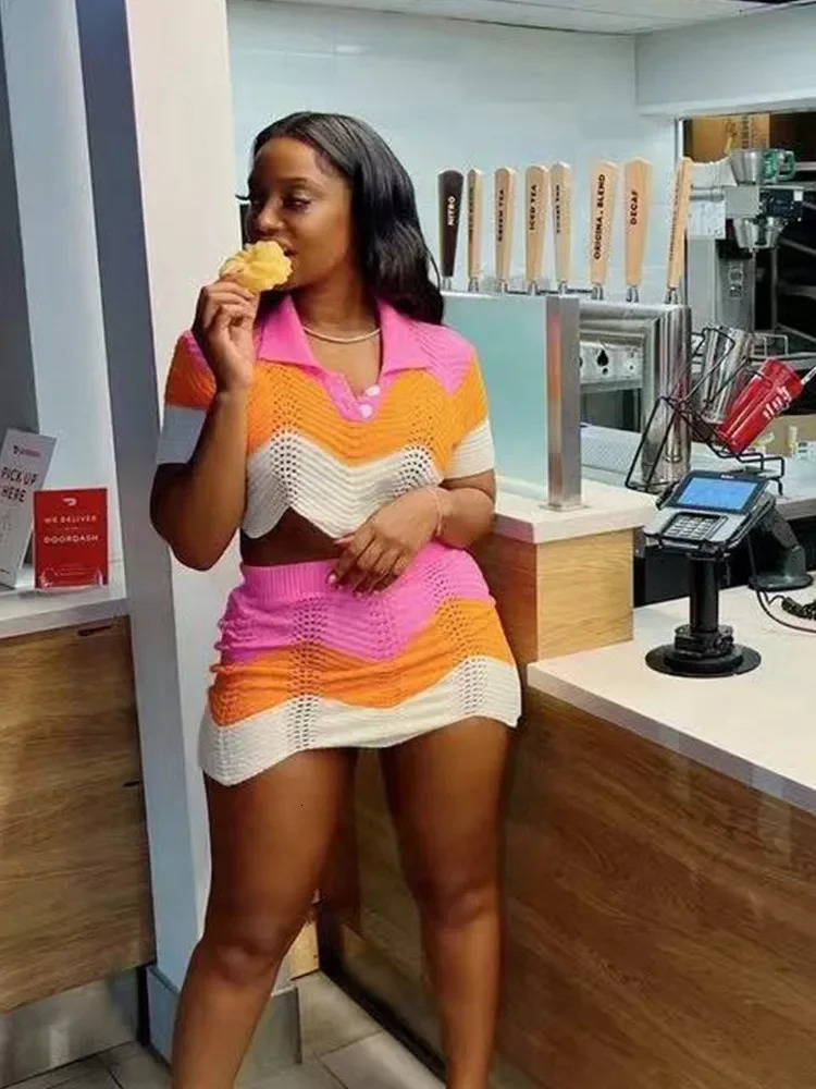 Joskaya striped knitted lapel short sleeved crop top mini skirt two-piece matching set womens clothing summer sexy club clothing 250401