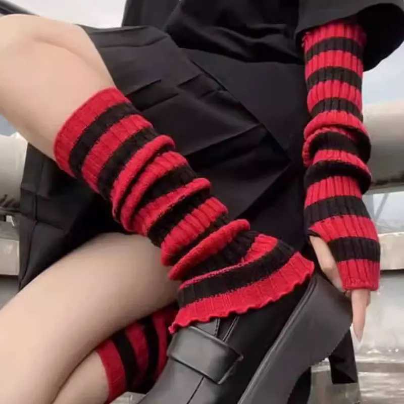 Striped Winter Arm Warmer Knit Red Long Fingerless Gloves Knitted Christmas Wrist Warmers with Thumb Hole for WomenL251105