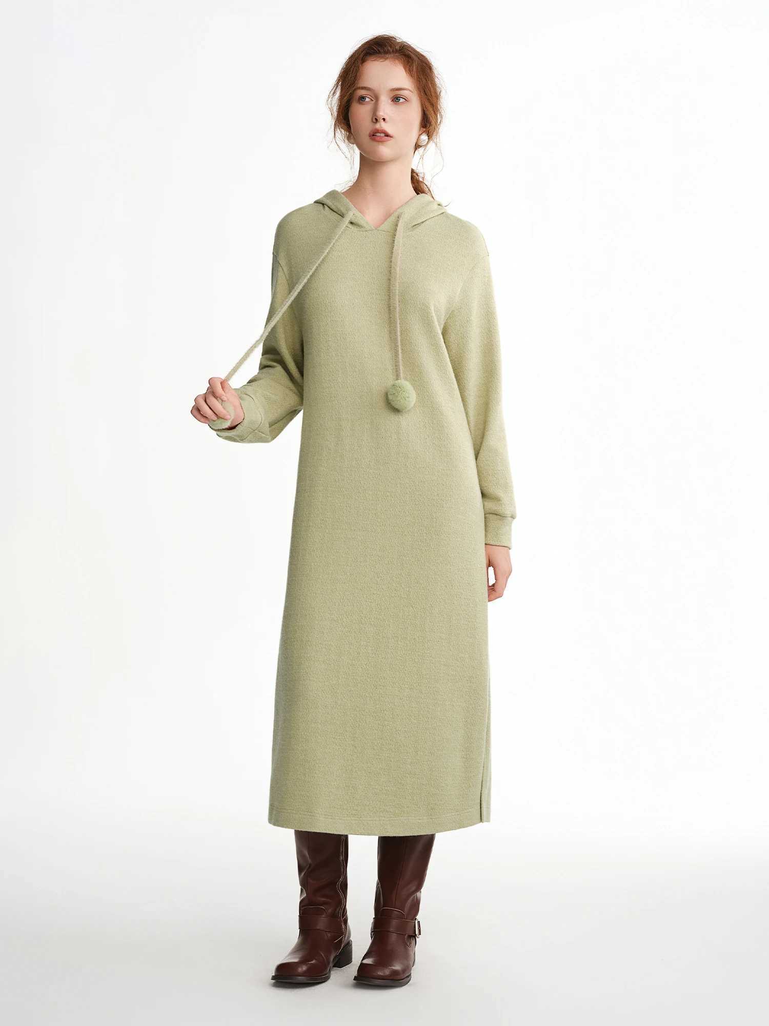 DUSHU 2025 Winter Womens Pom Hooded Knit Dress with Drawstring Waist - Casual Long Sleeve Tunic Dress for Daily Wear J251105
