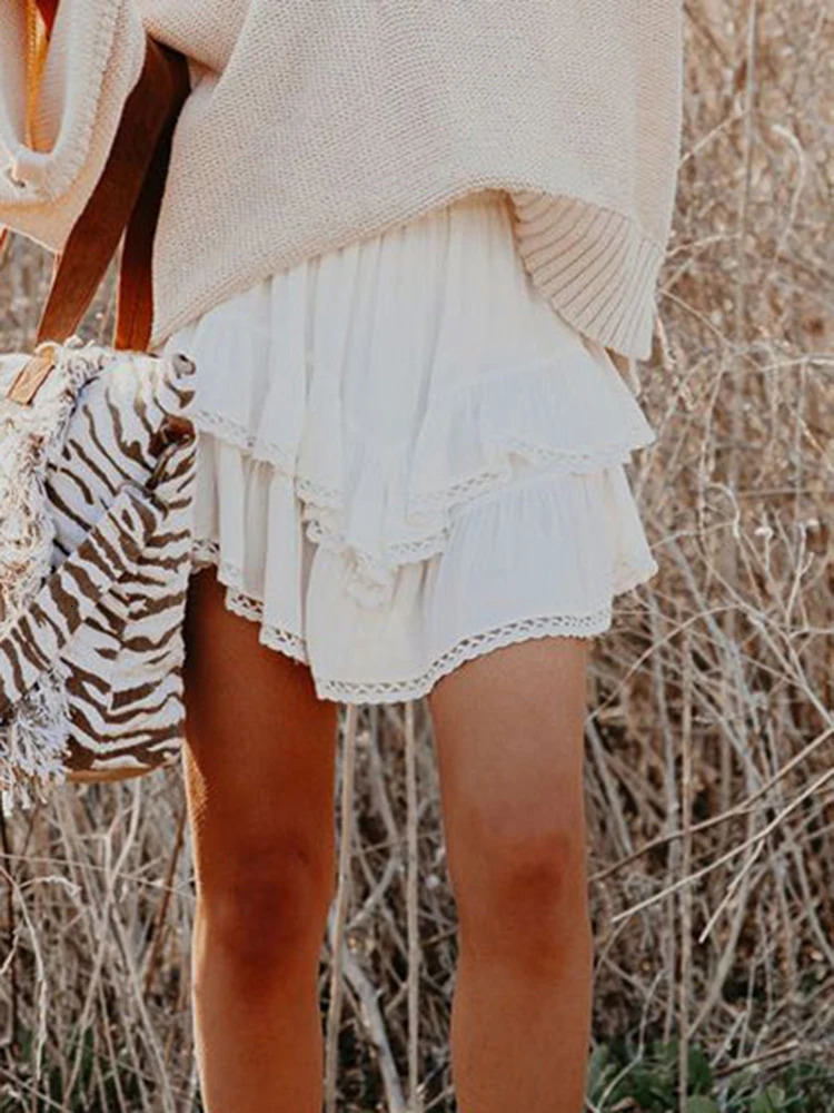 Womens casual Bohemian ruffled tight Skorts high waisted mini skiing golf tennis crochet shorts 250401