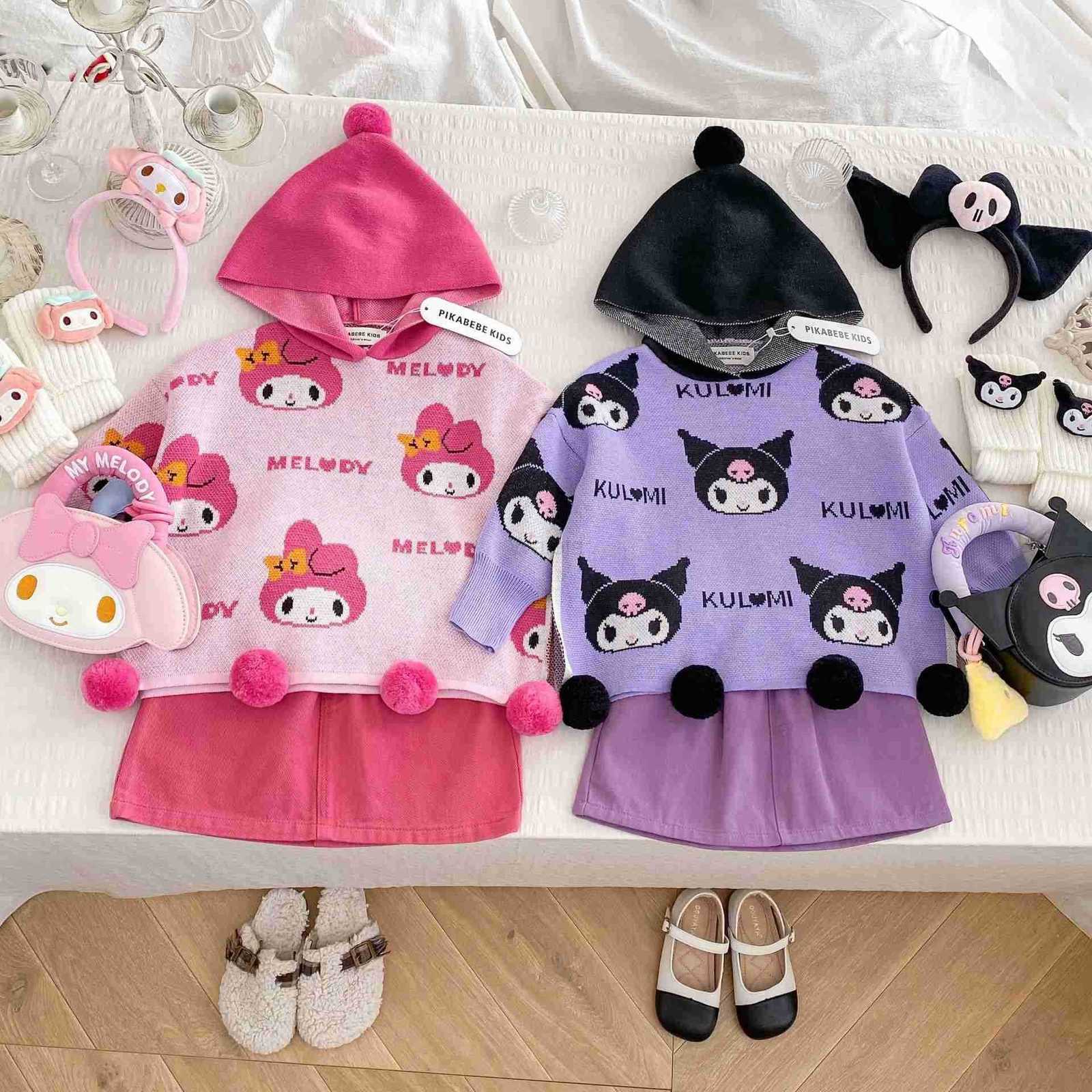 Sanrio Kuromi My Melody 2025 Autumn Winter Girls Knitted Cape Stylish Hooded Childrens Cartoon Cute Sweater Top H251105