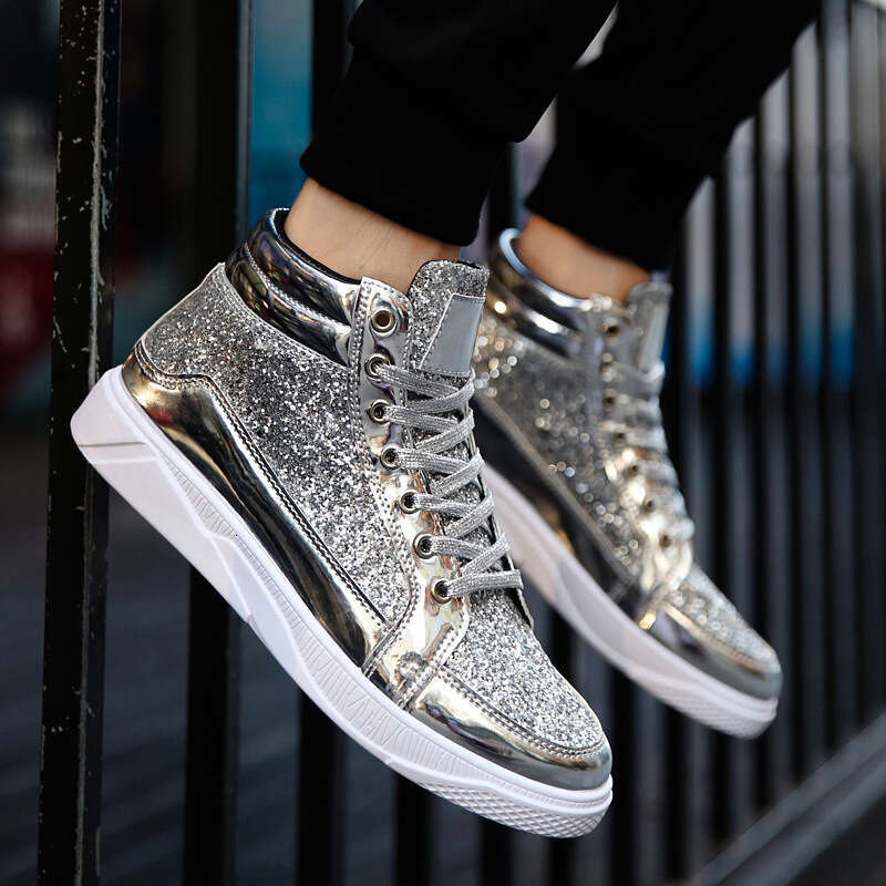 Large leather size 38-48, shiny and personalized Martin boots, men's casual board shoes, high top stage silver boots