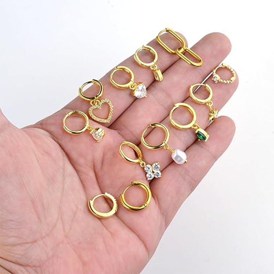 Huggie Hoop Earrings 18K Gold Plated Small Dangle Hoop Earrings Heart Pearl Star Flower CZ Cartilage Earring Sets for Multiple Piercing Stacks Stud Ho