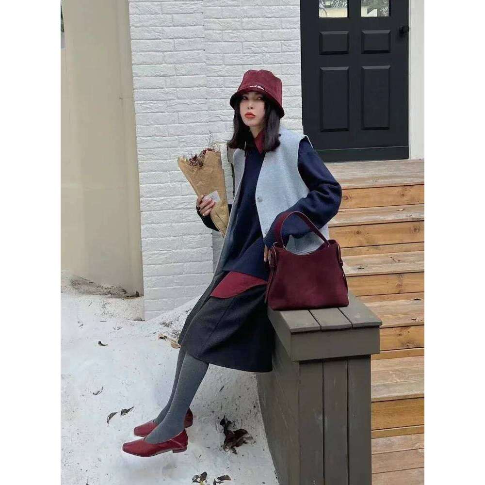 Ins Chic Elegant Design Coffee Solid Color Winter Tote Nubuck Leather Women Single Shoulder Bag Mattte Cowskin Female Handbag
