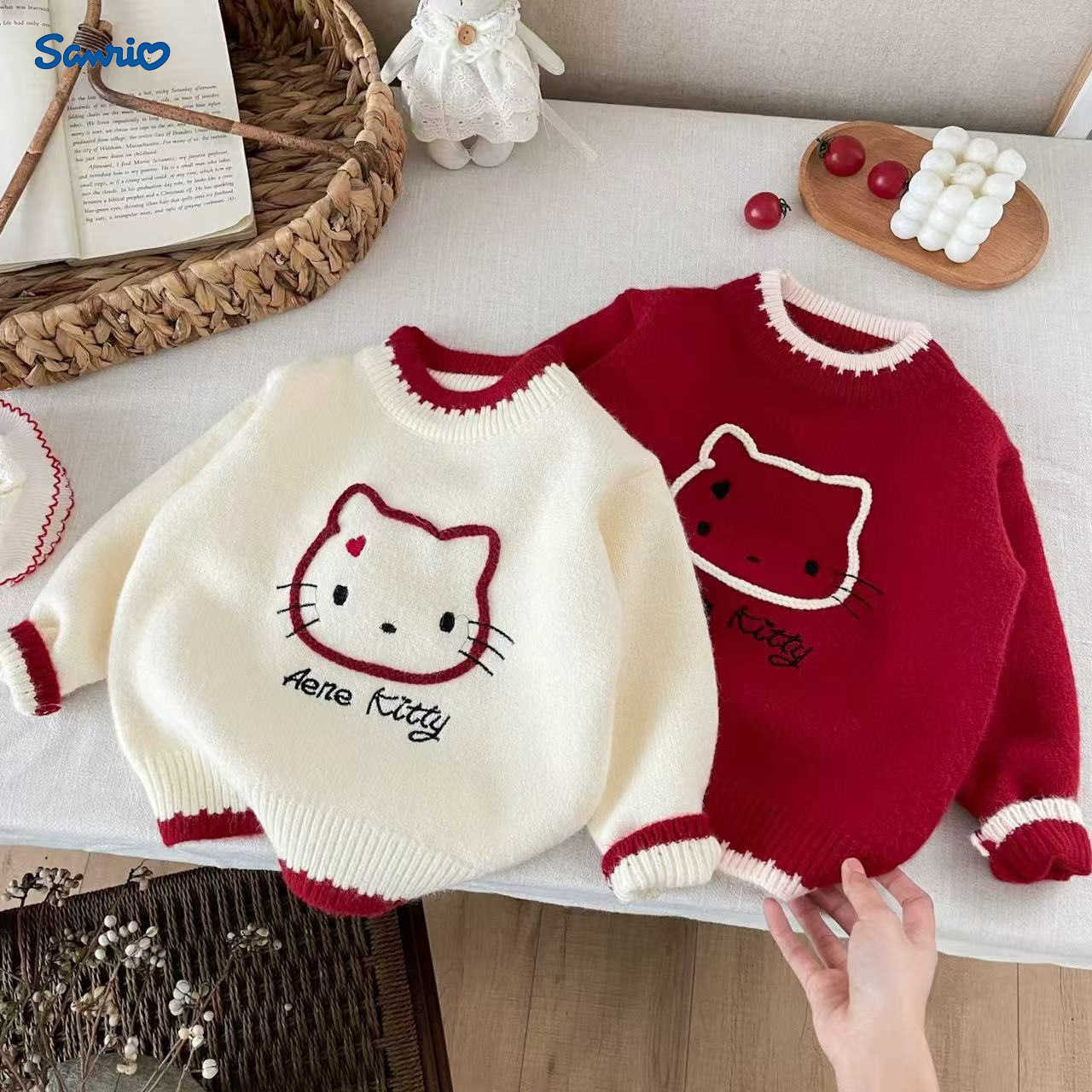Sanrio Girls Autumn Winter Knitted Sweater 2025 New Style for Young Girls Childrens Round Neck KT Cat Knitted Pullover H251105