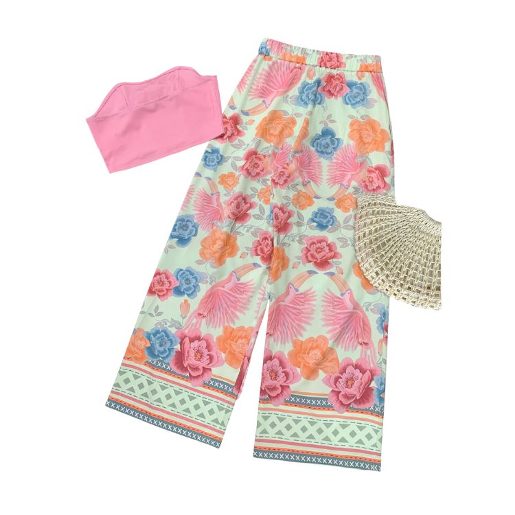 Elegant Powder Hue Ensemble for Her Stylish Street Fashion Two Piece Featuring a Simple Bustier and Flowing Floral Bottoms from Korea Style Apparel Co