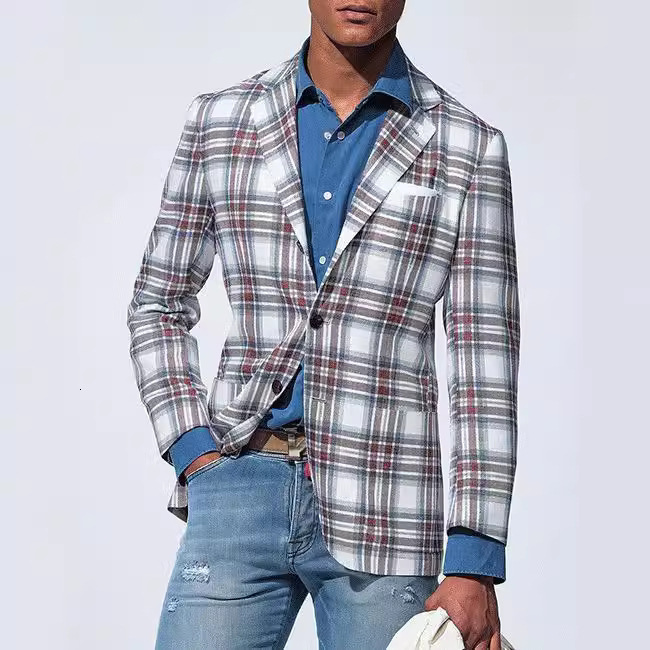 Mens spring top business casual double button printed suit jacket mens suit plus size casual