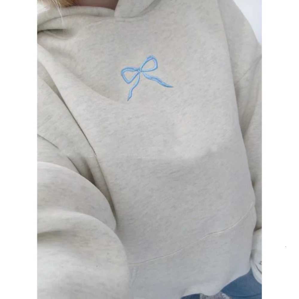 Combhasaki Women Y2K Loose Fit Bow Letter Embroidery Long Sleeve Oversized Hooded Sweatshirts Streetwear Aesthetic Pullover TopsT251105