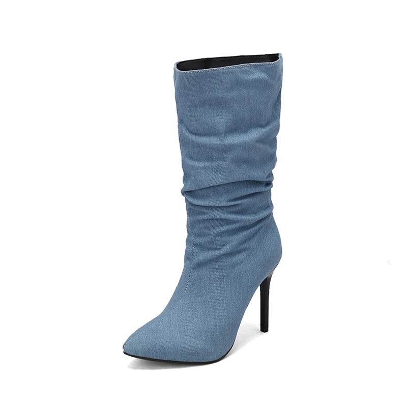Women Denim Cowboy Boots High Heels Winter Warm Shoes Extra Big Size 45 47 48 Mid Calf Boots Stiletto 251104