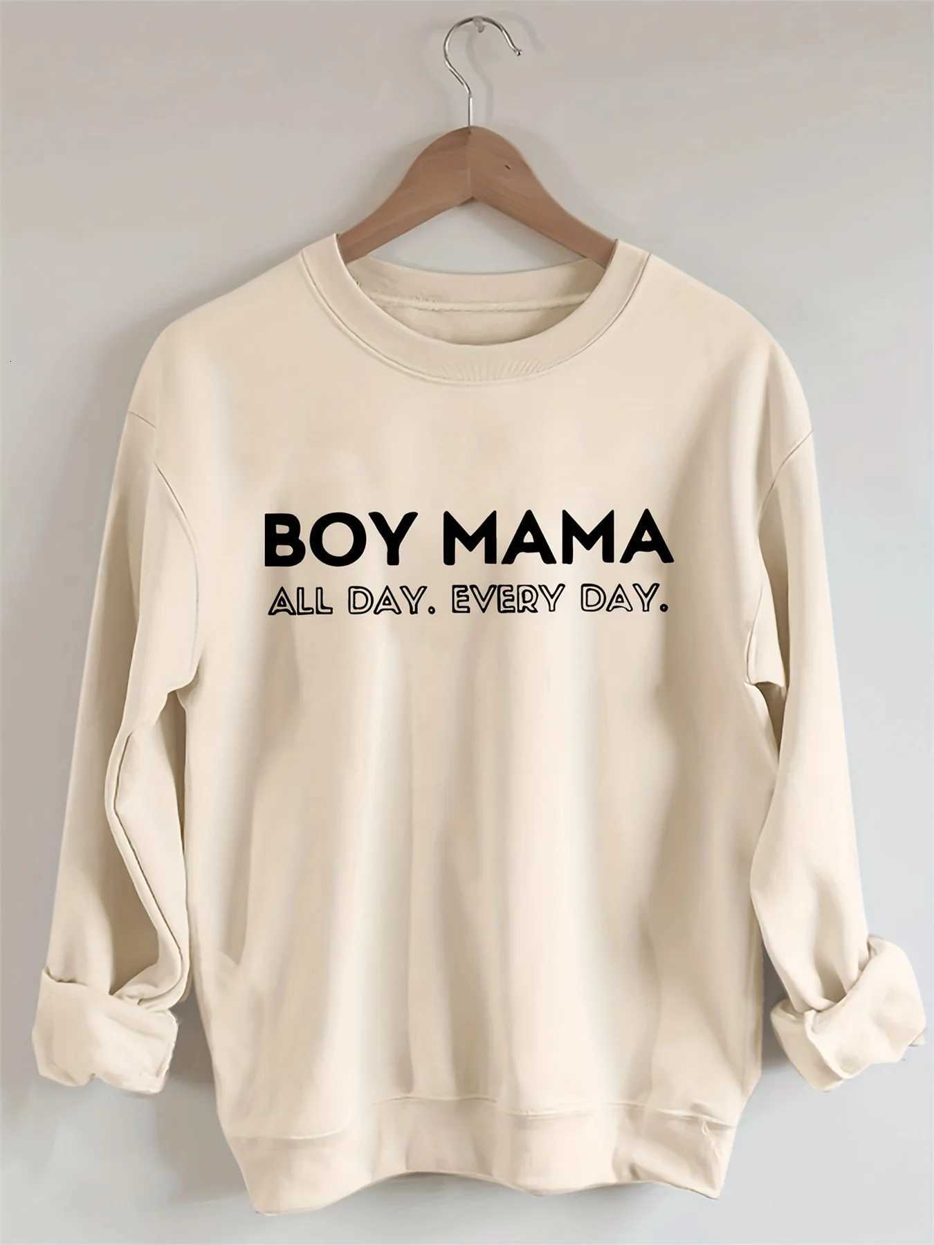 Womens autumn and winter casual loose and warm BOY MAMA printed comfortable plus velvet long sleeved round neck pulloverT251105