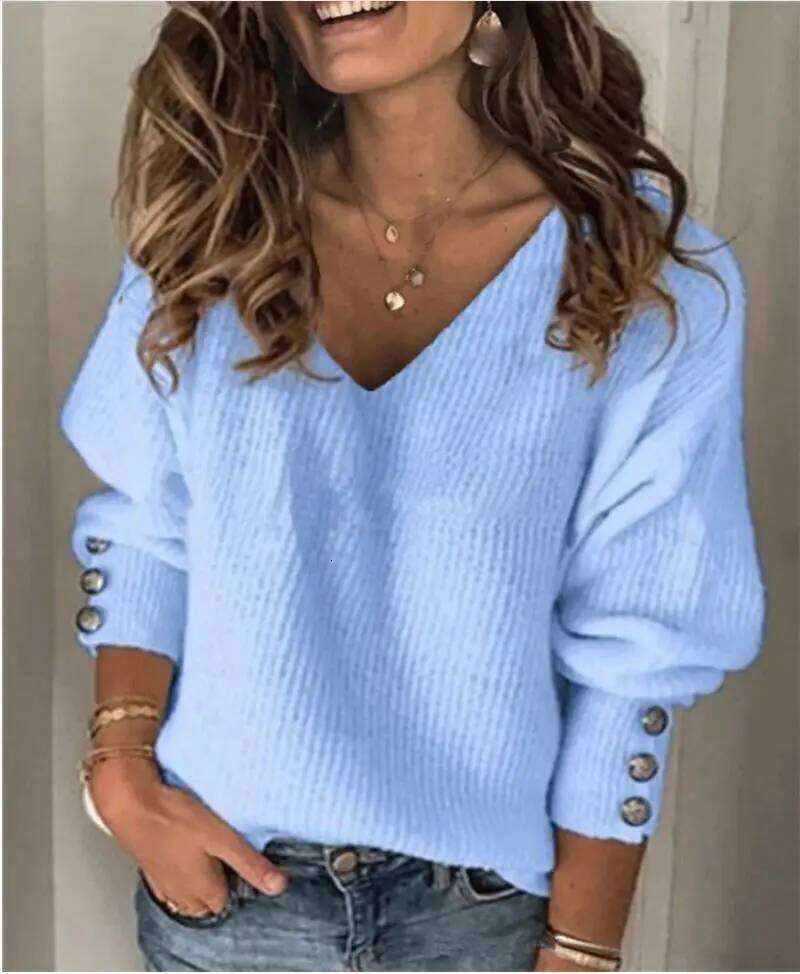 Women's Spring And Autumn Loose Button Solid Color V-Neck Knitted Top Designer Sweater Bear Sweater