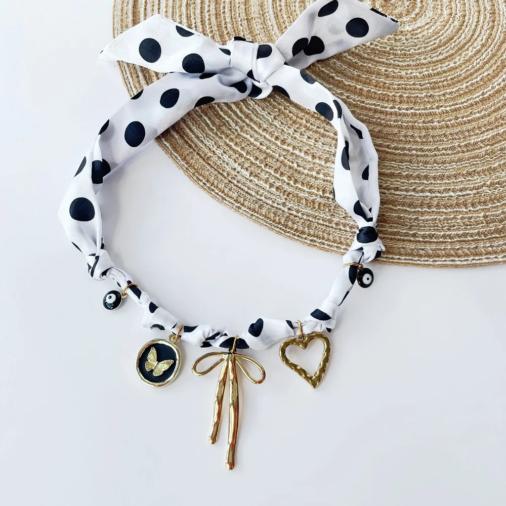 Gold Flower Bow Pendant Choker Elegant Handmade Scarf Necklace for Women Bandana Style 251031