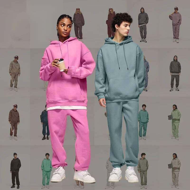 Thick Vlevet Tracksuit Unisex Trendy Solid Color Jogging Suit Mens Blank Matching Fleece Sweatpant Set