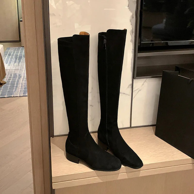 MKKHOU Fashion KneeHigh Boots Women High Quality Real Leather Stitching Low Heel Leather Boots Daily High Boots Winter 251031