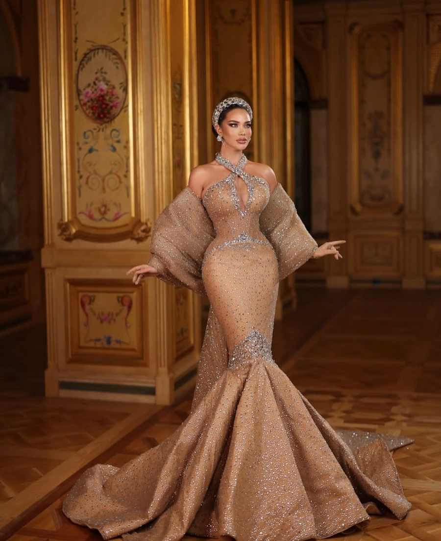 Modern Mermaid Prom Gown Crystal Evening Dress Beads Party Prom Dresses Sexy Bridal Gowns vestido de novia Size Customized Robes De Mariee L252956