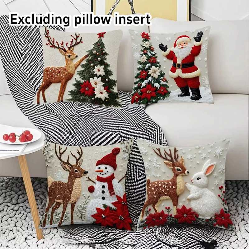45cm Grey Red Christmas Pillowcase Cute Cartoon-style Imitation Embroidery Linen Printed Sofa Pillowcase For Holiday Decoration Y251105